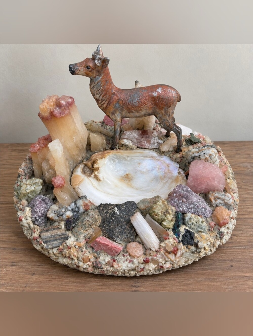 Vintage Mineral & Shell Assembage | Metal Deer | Handcrafted Folk Art